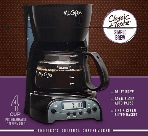 Mr. Coffee 4-Cup Programmable Coffeemaker, DRX5 Classic Taste And Simple Brew