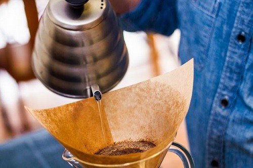 Pouring Water into a Filter and Making a Cup of Pour Over Coffee