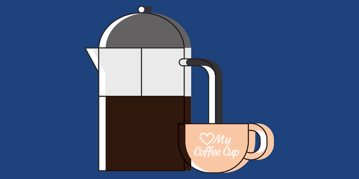 French Press And Coffee Cup On Blue Background