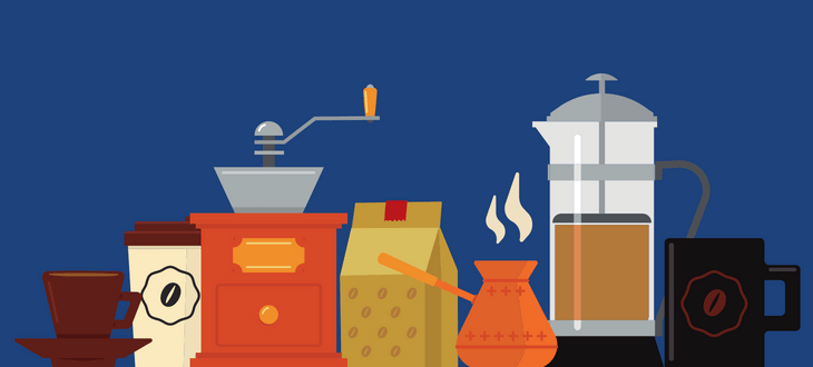 Equipment to Make Fresh Coffee On Blue Background