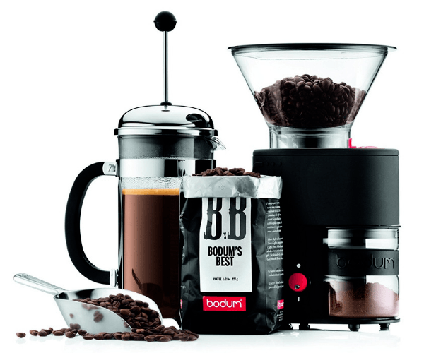 Black Bodum Coffee Grinder With A French Press And Bodum`s Best Beans