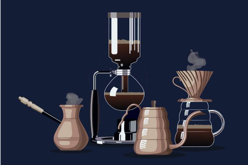 Different brewing equipment depicting coffee machine history